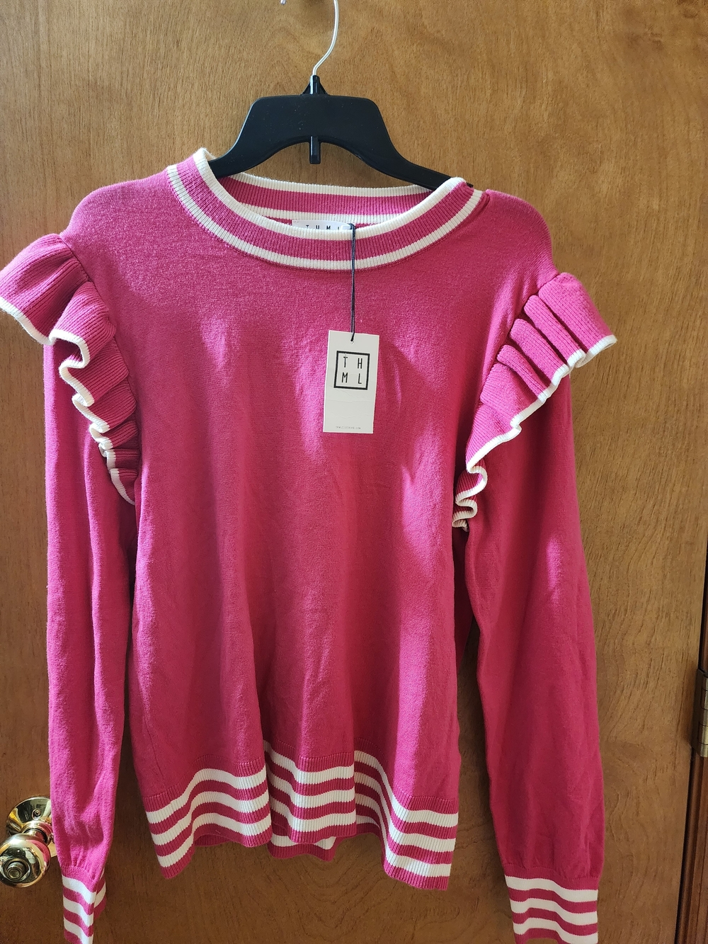 THML Fuchsia SweatTHML Hot Pink Ruffle-Shoulder Crewneck Sweater with Cream Trim